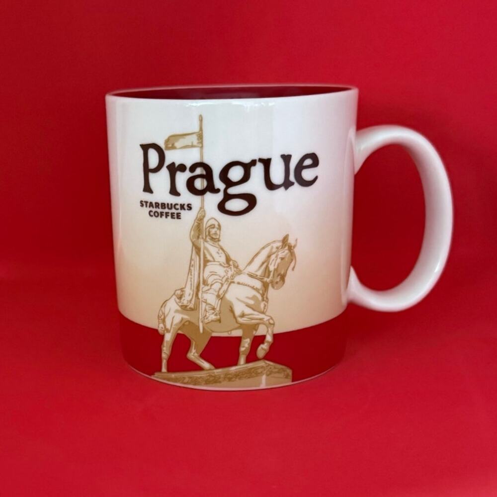 Starbucks Prague Czech Republic Coffee Mug Global Icon 2012 EUC Tan Red 16 Oz.